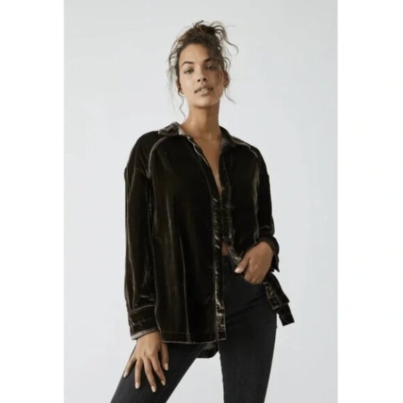 Free People We The Free MARIANNE Midnight Brown Velvet Collared Top NWT - Picture 4 of 16